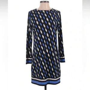 EUC! Michael Kors black, blue, white diamond print stretchy dress, sz MP